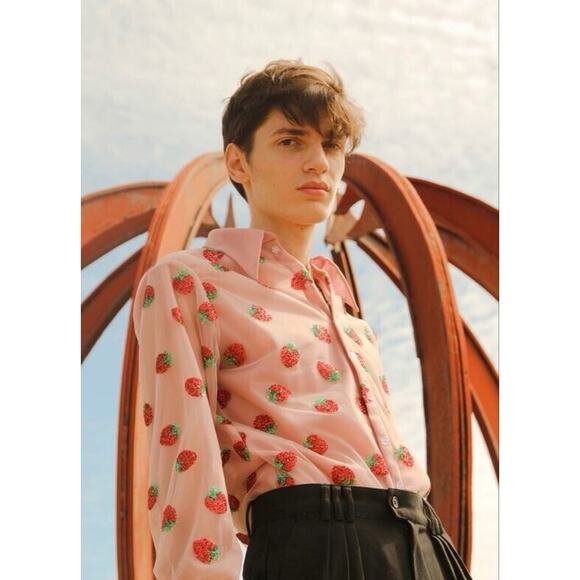 Lirika Matoshi Strawberry Button Down Sheer Shirt Glitter Pink Small - Picture 6 of 11
